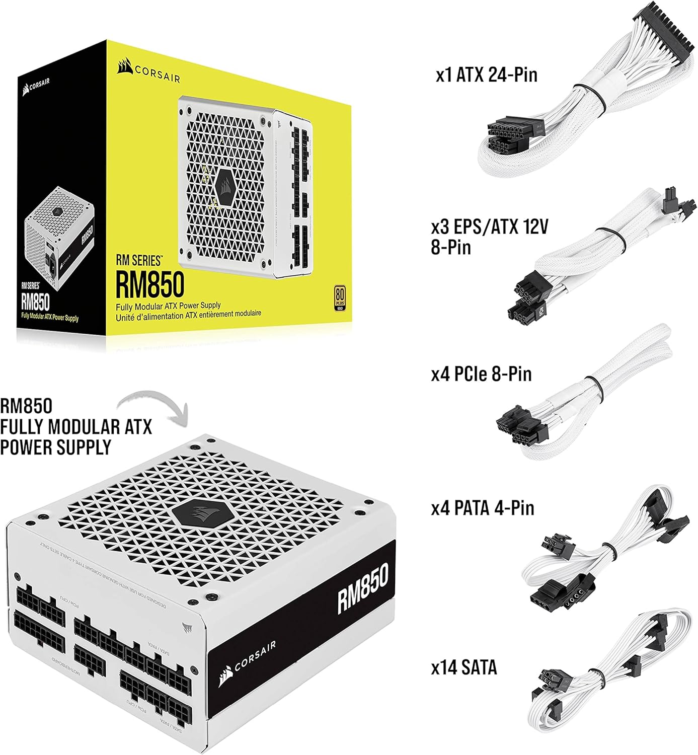 Corsair RM850 2021 850W 80 Plus Gold Fully Modular ATX Power Supply - White